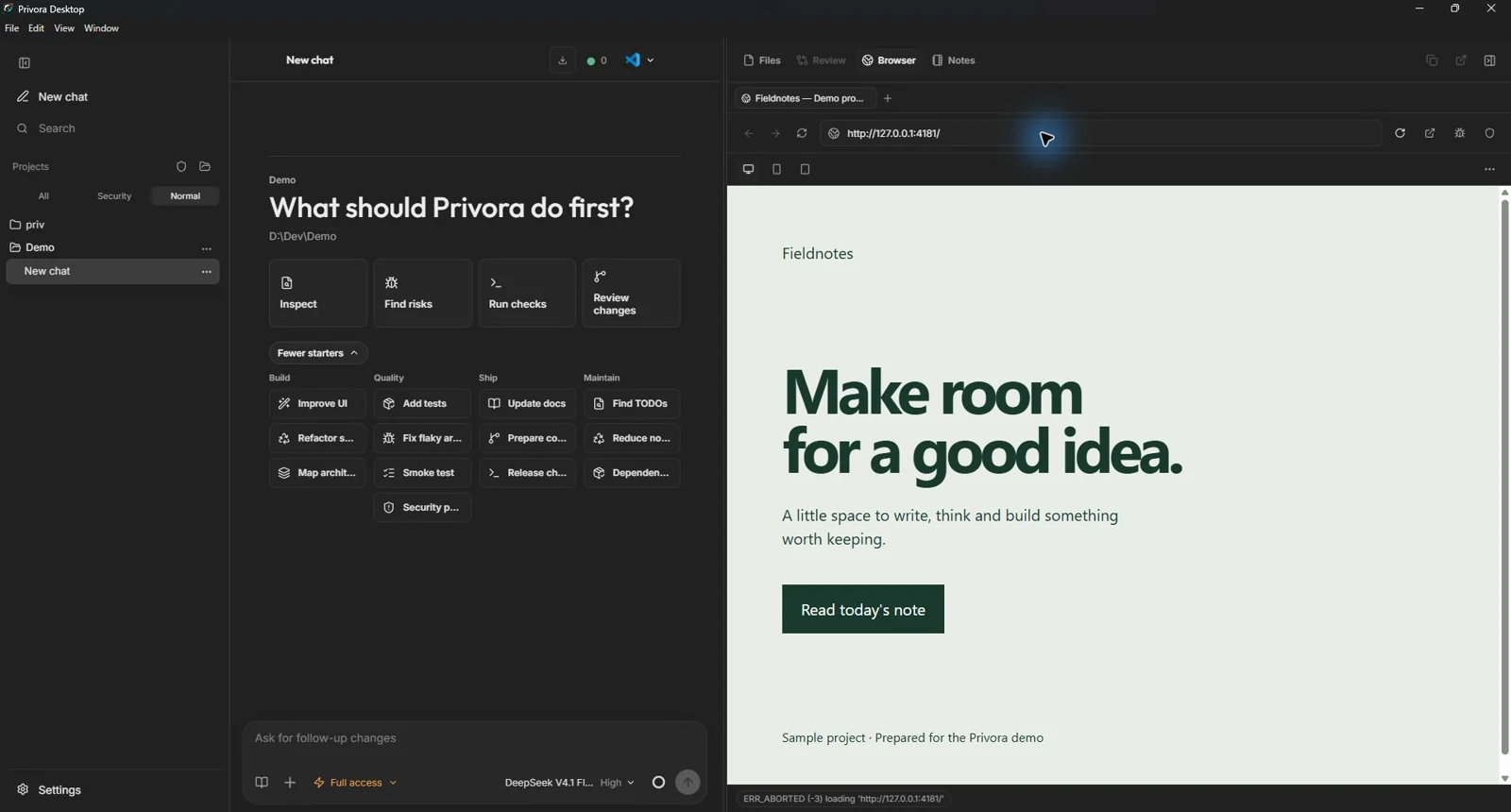 Privora browser tools working alongside the agent conversation