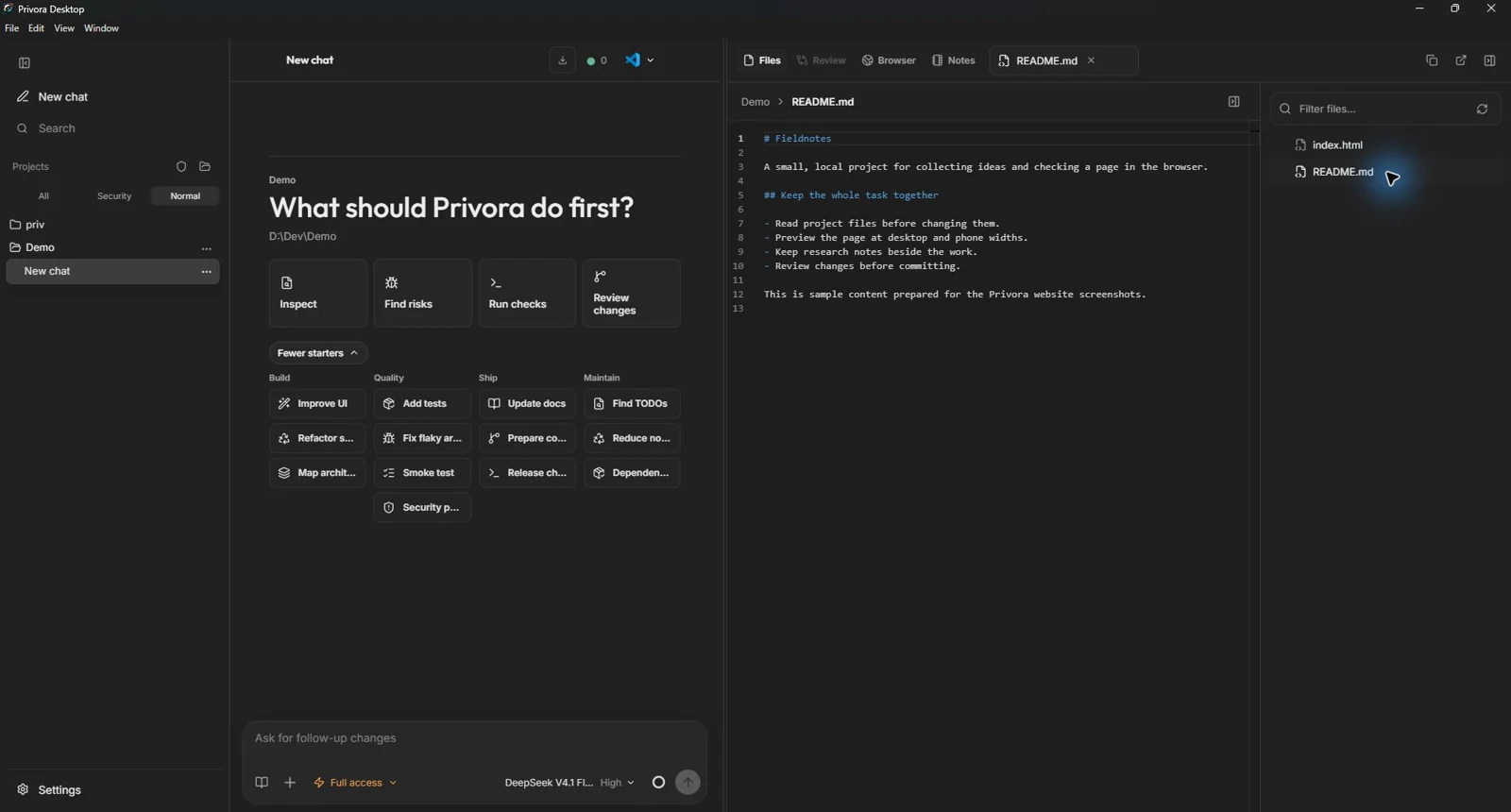 Privora desktop application with project files beside the conversation